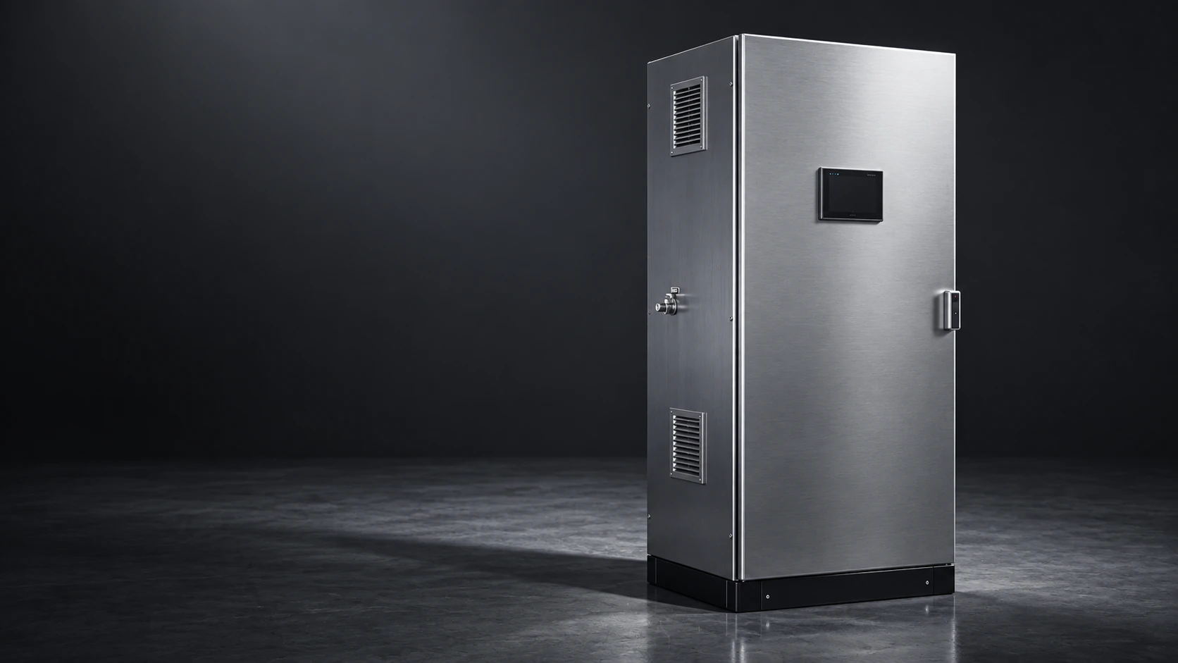 Stainless steel analyser cabinet in a dark industrial setting