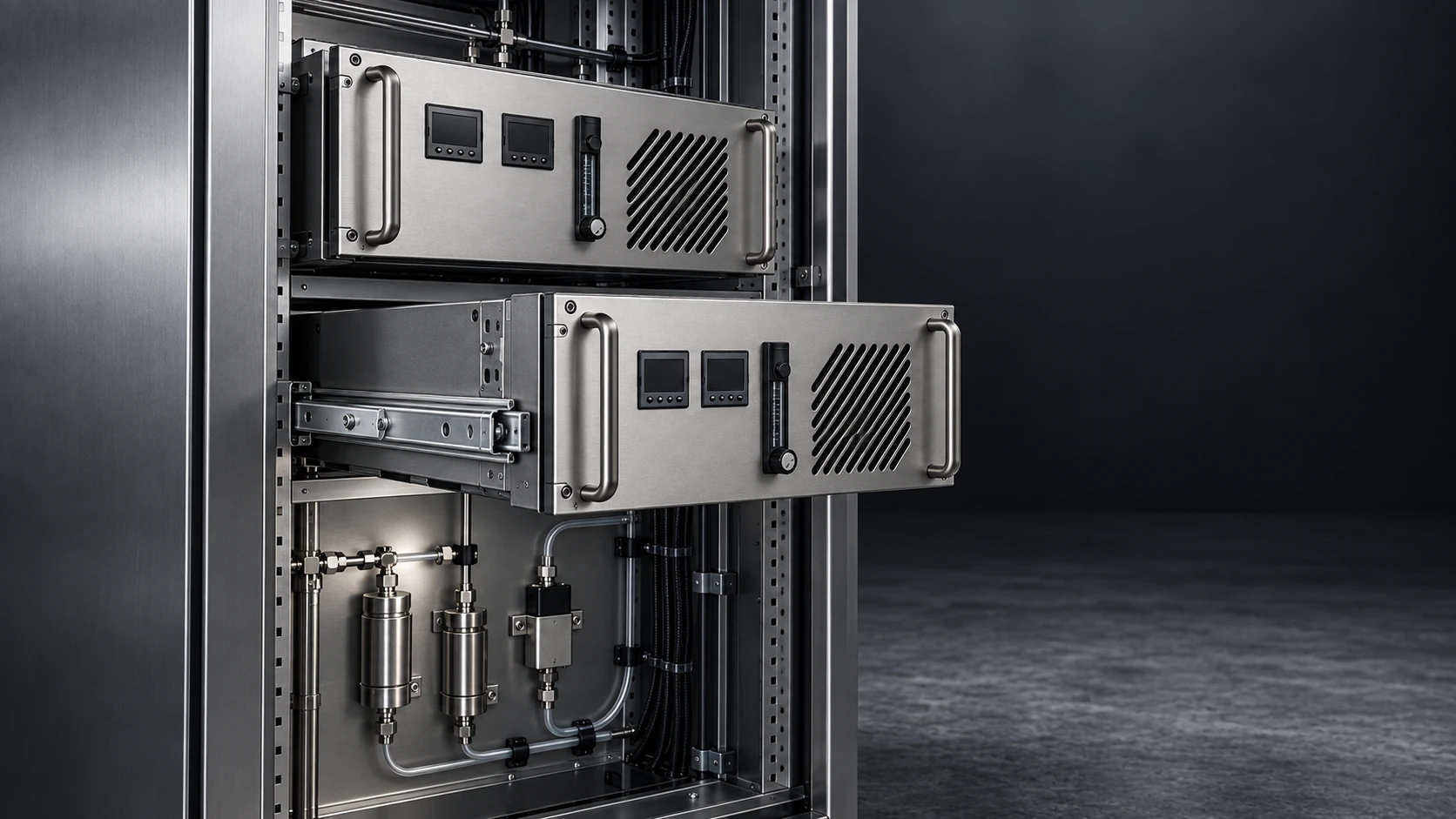 Open analyser rack with instrument modules