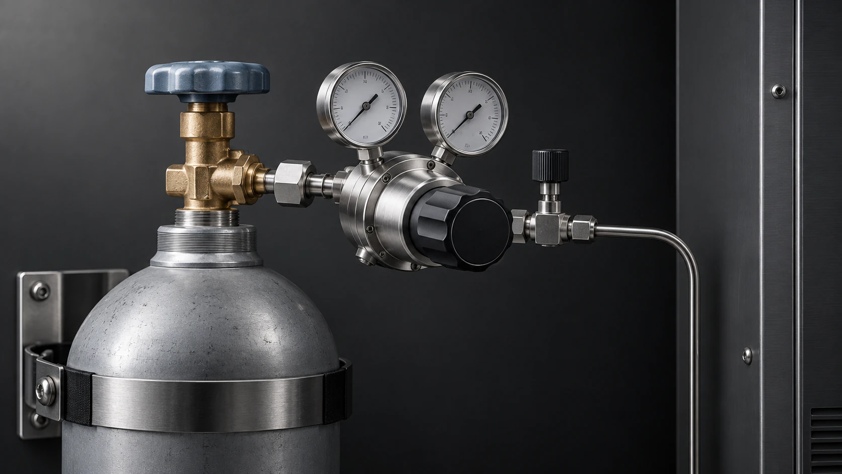 Gasflaska med tryckregulator och manometrar