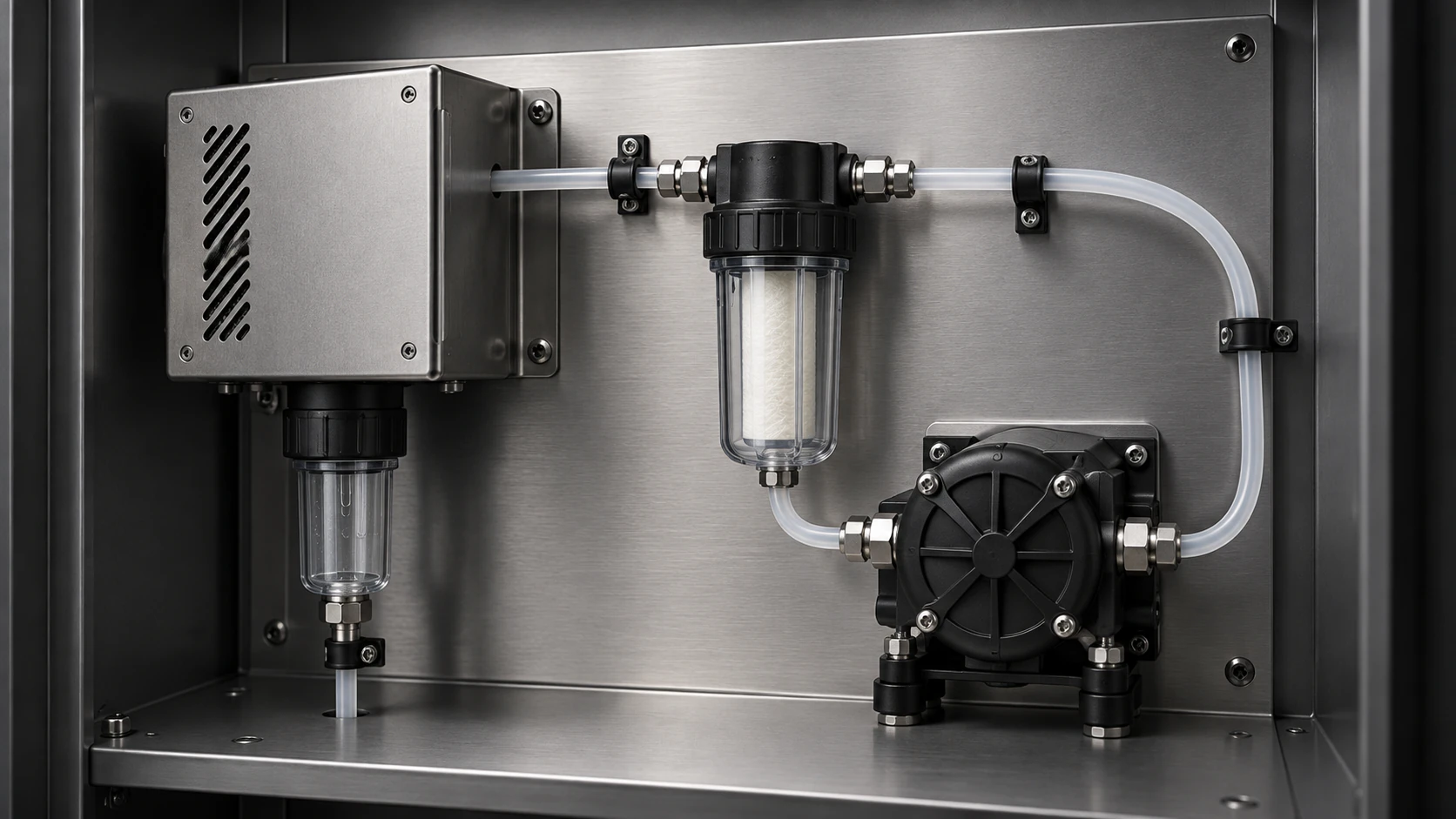 Sample conditioning system with cooler, filter, pump and tubing connections on a mounting plate