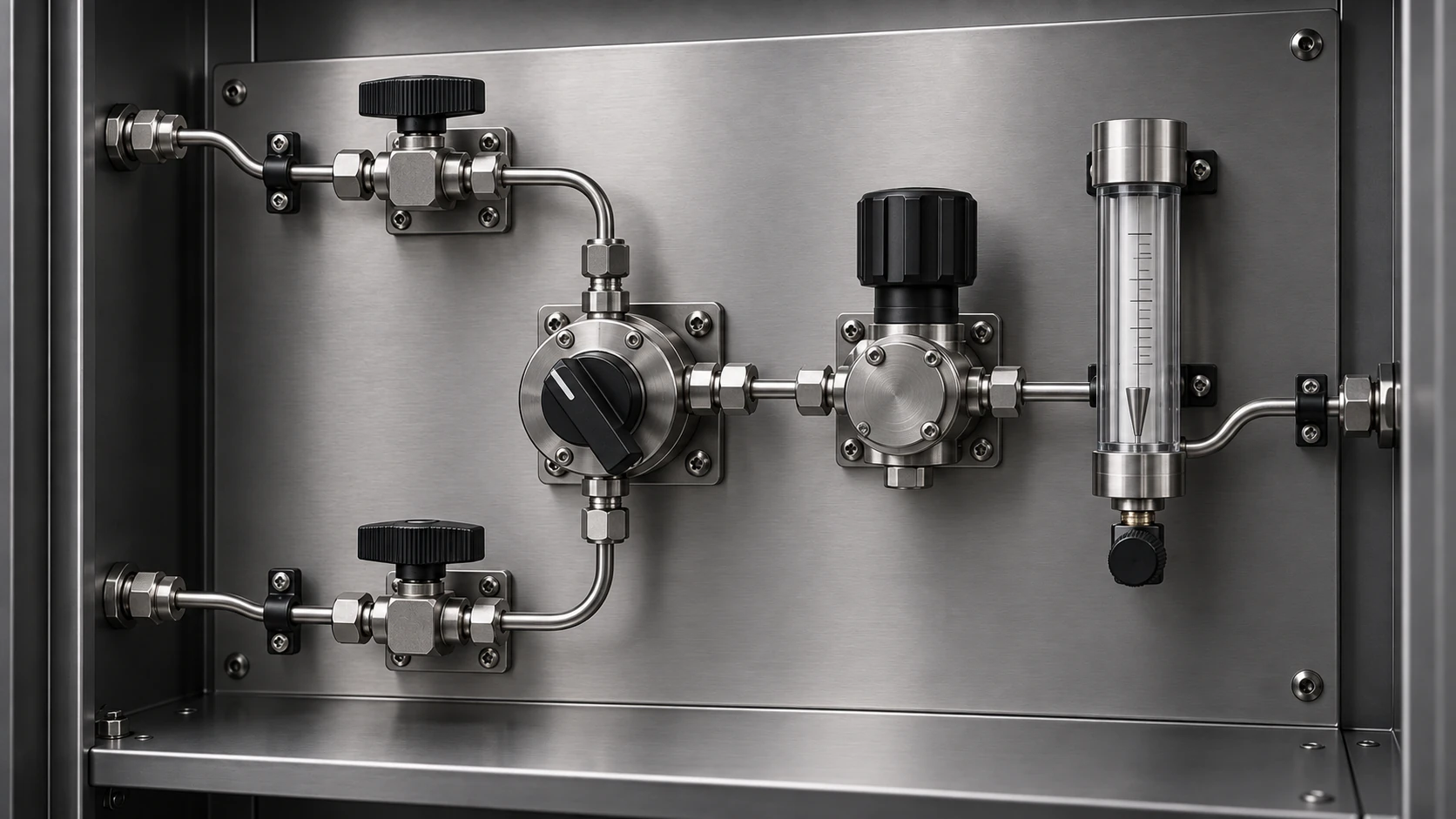 Gaspanel i rostfritt stål med ventiler, tryckregulator och flödesmätare