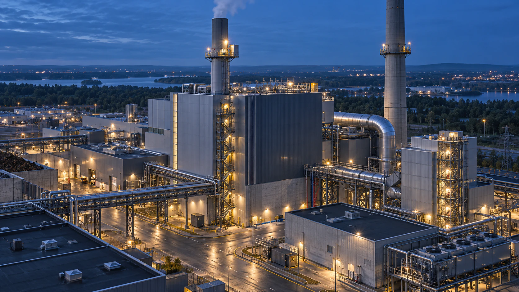 Industrial site with stacks at dusk