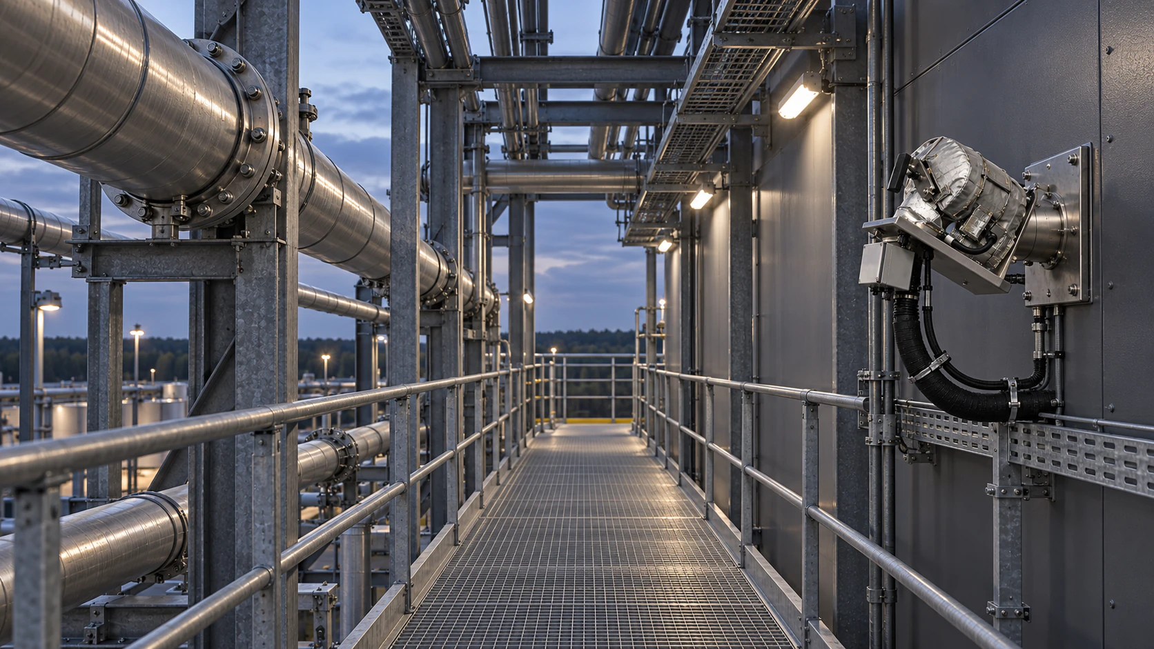 Walkway along process piping with sampling point and sample line