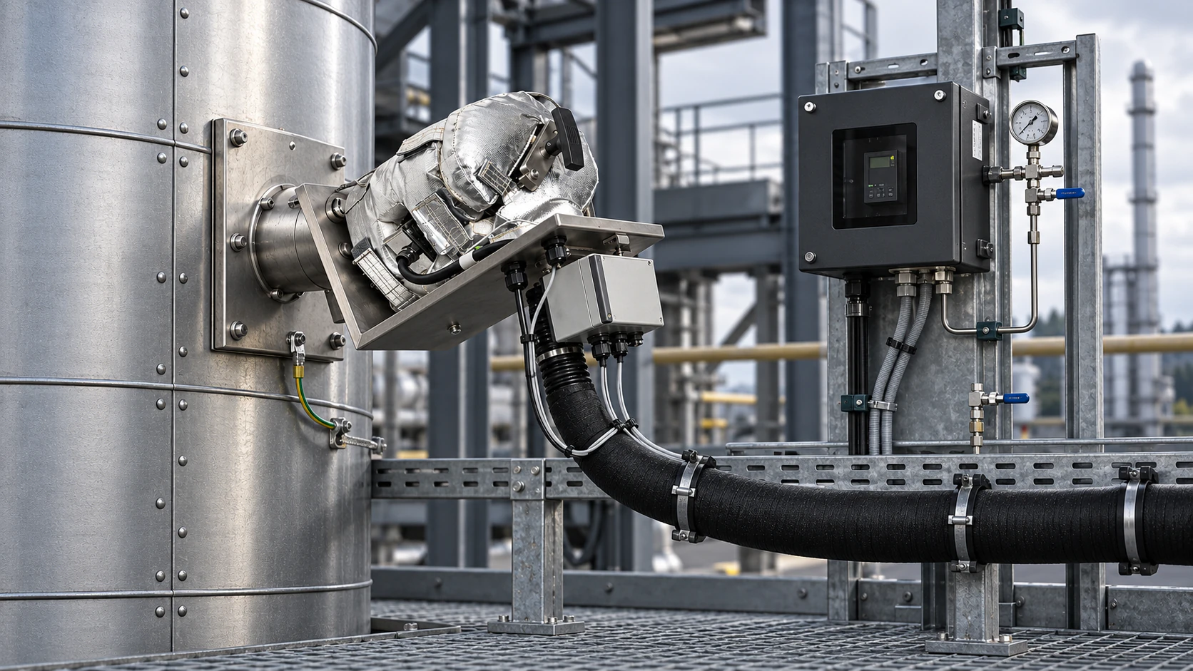 Installerad mätpunkt med provtagningsutrustning och mätgasledning på industrikanal