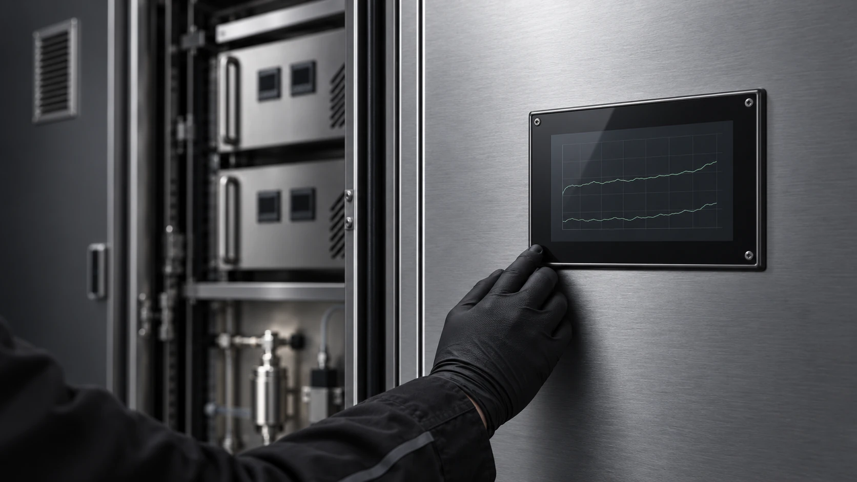 Operator panel on an analyser cabinet showing trend curves